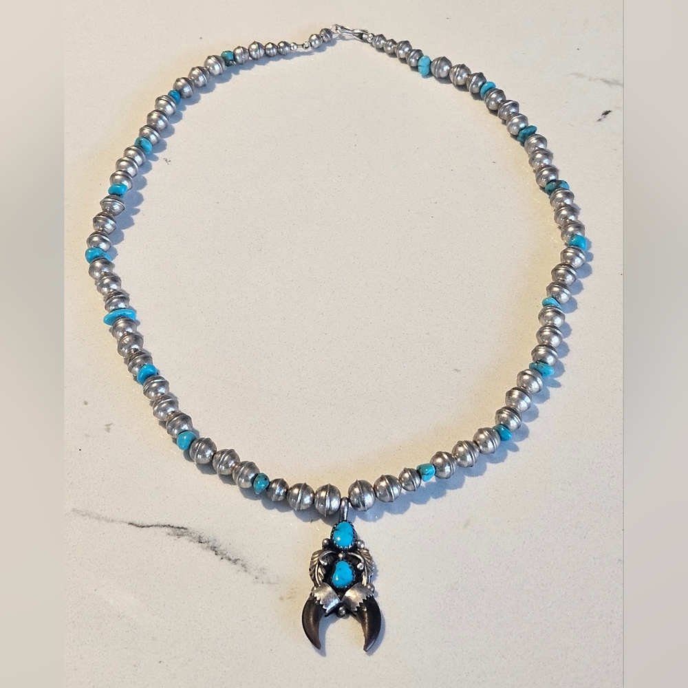 Vintage Navajo Squash Blossom Claw Turquoise Sterling Bench Bead Necklace